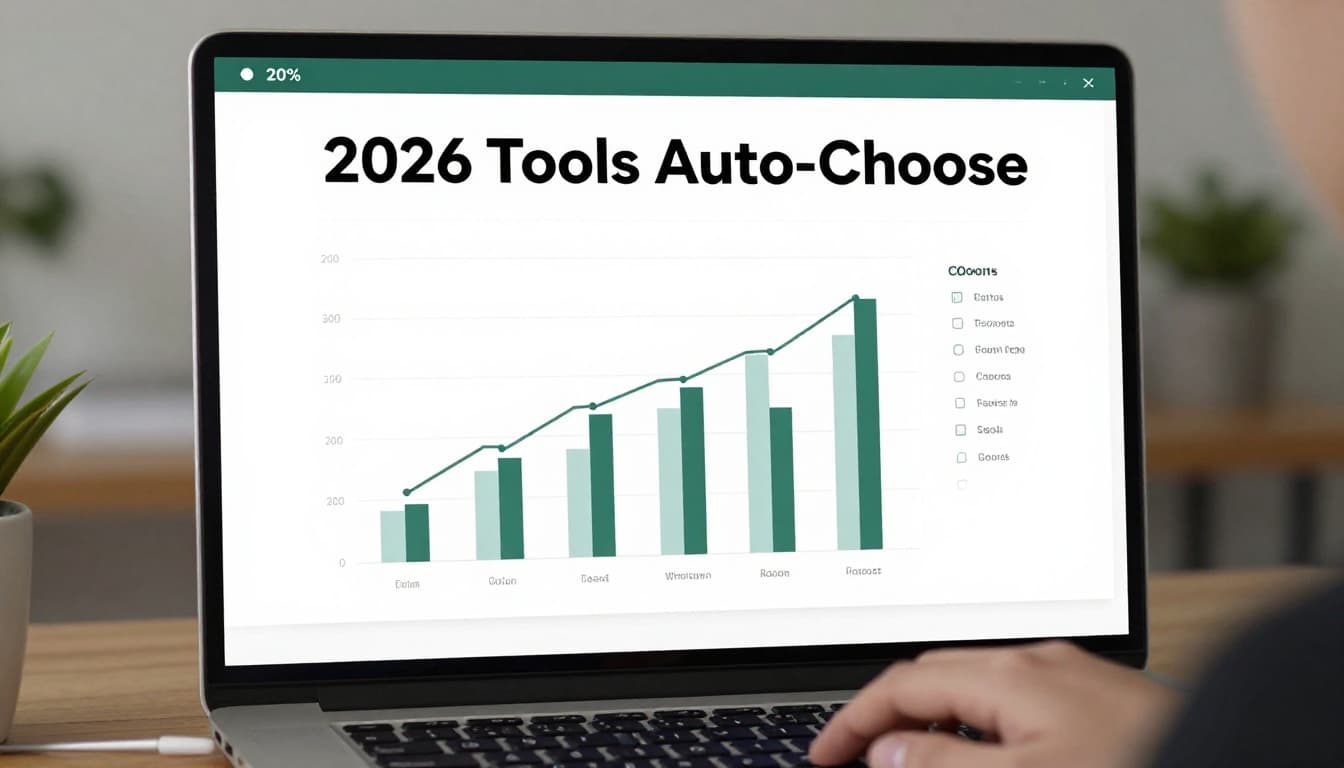 Modern photo-realistic laptop screen displaying an AI dashboard with auto-suggested bar and line charts from uploaded data, subtle glow, hand nearby on desk, top muted dark-green band with bold headline '2026 Tools Auto-Choose'.