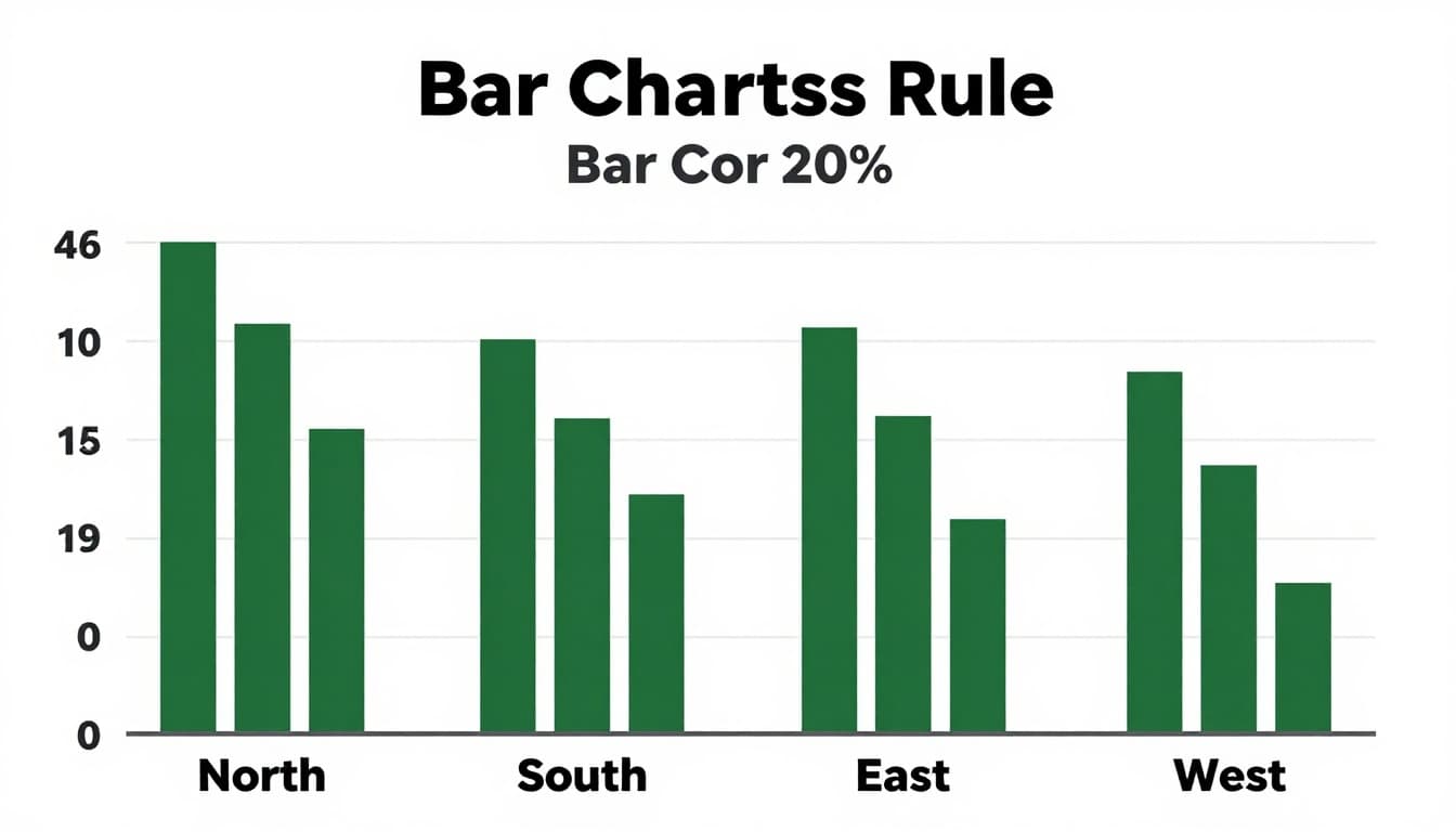 Simple vertical bar chart comparing sales across North, South, East, and West regions with descending bars, clean white background, labeled axes, and data labels, centered below a muted dark-green headline band reading 'Bar Charts Rule'. Bold editorial illustration style with natural lighting and no extra elements.