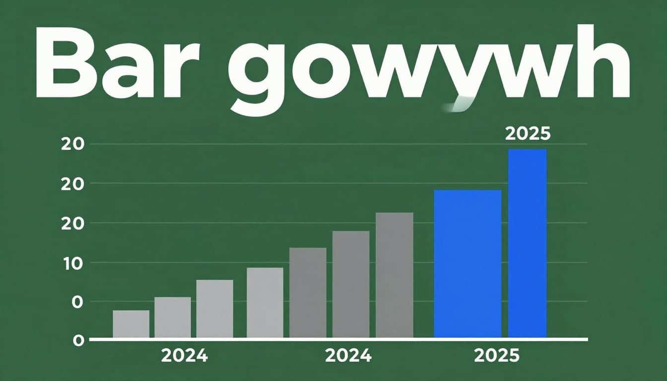 A clean vertical bar graph in a bold editorial style with 'Bar Growth' headline on a dark green band, showing sales increase: shorter gray bar for 2024 and taller blue bar for 2025.