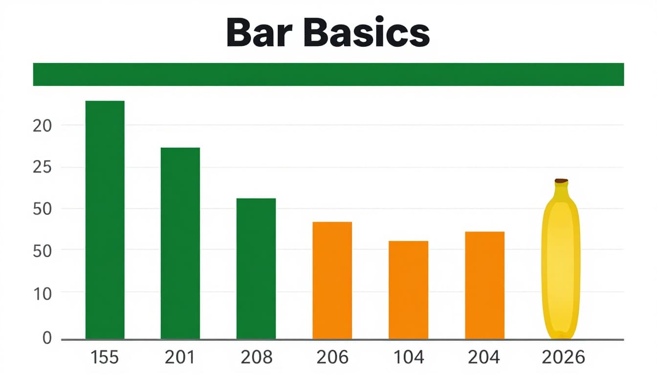Simple vertical bar graph showing fruit sales: apples tallest bar, oranges next, bananas shortest. Clean chart on white background with bold title 'Bar Basics' in high contrast.