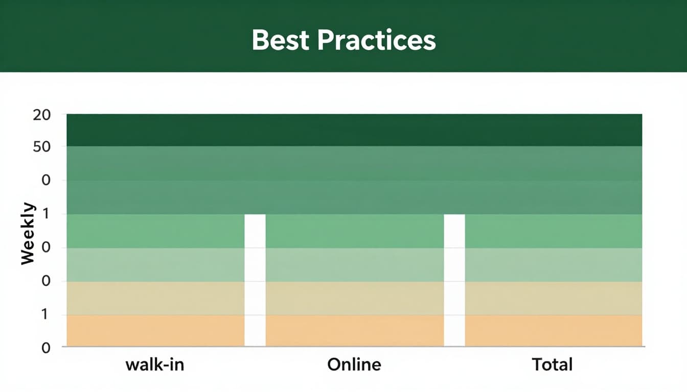 Horizontal stacked bar graph displaying weekly customers with walk-in at bottom, online in middle, total at top across days. Muted dark-green header band with bold 'Best Practices' title, clean axes, subtle colors, and rigid layout.