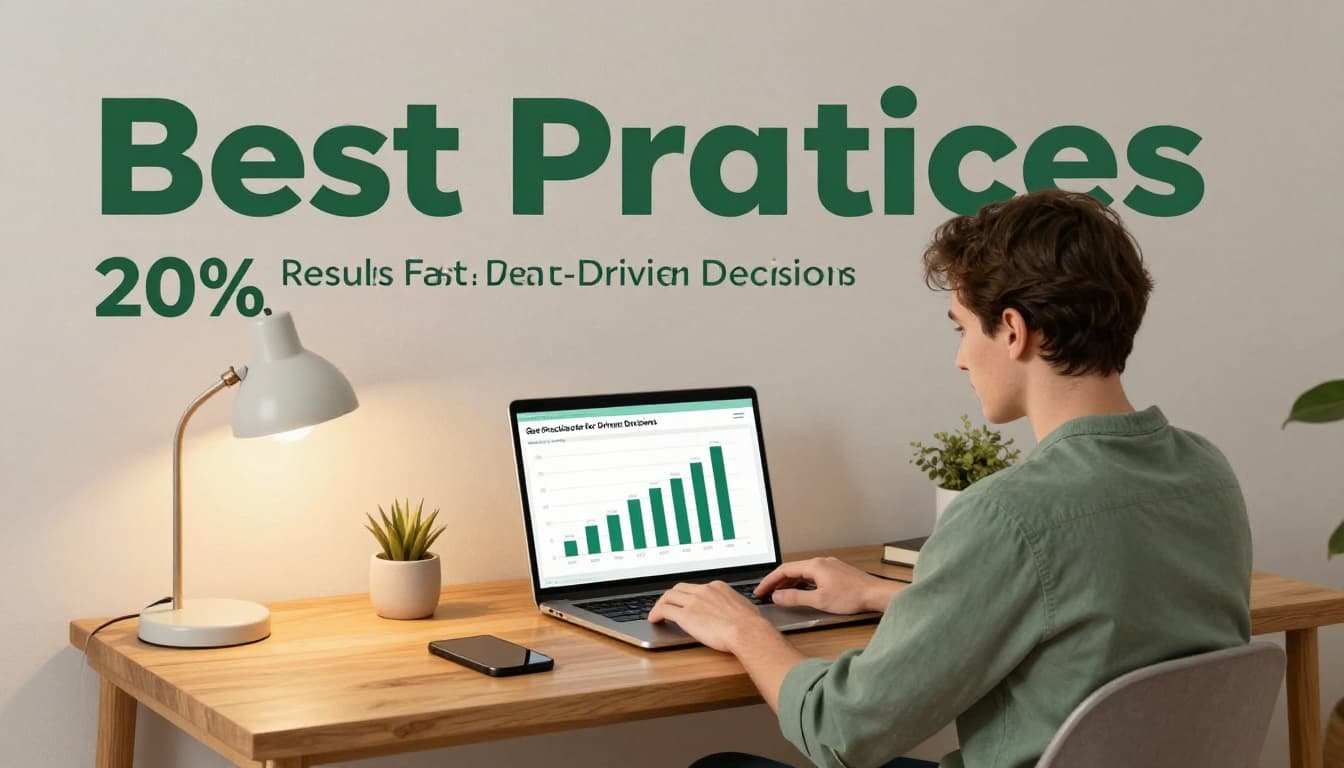 A business analyst in a relaxed pose creates a simple bar chart on a laptop in a cozy home office with warm lamp lighting and natural wood desk elements, realistic illustration with soft shadows. Bold 'Best Practices' headline in muted dark-green band across the top.