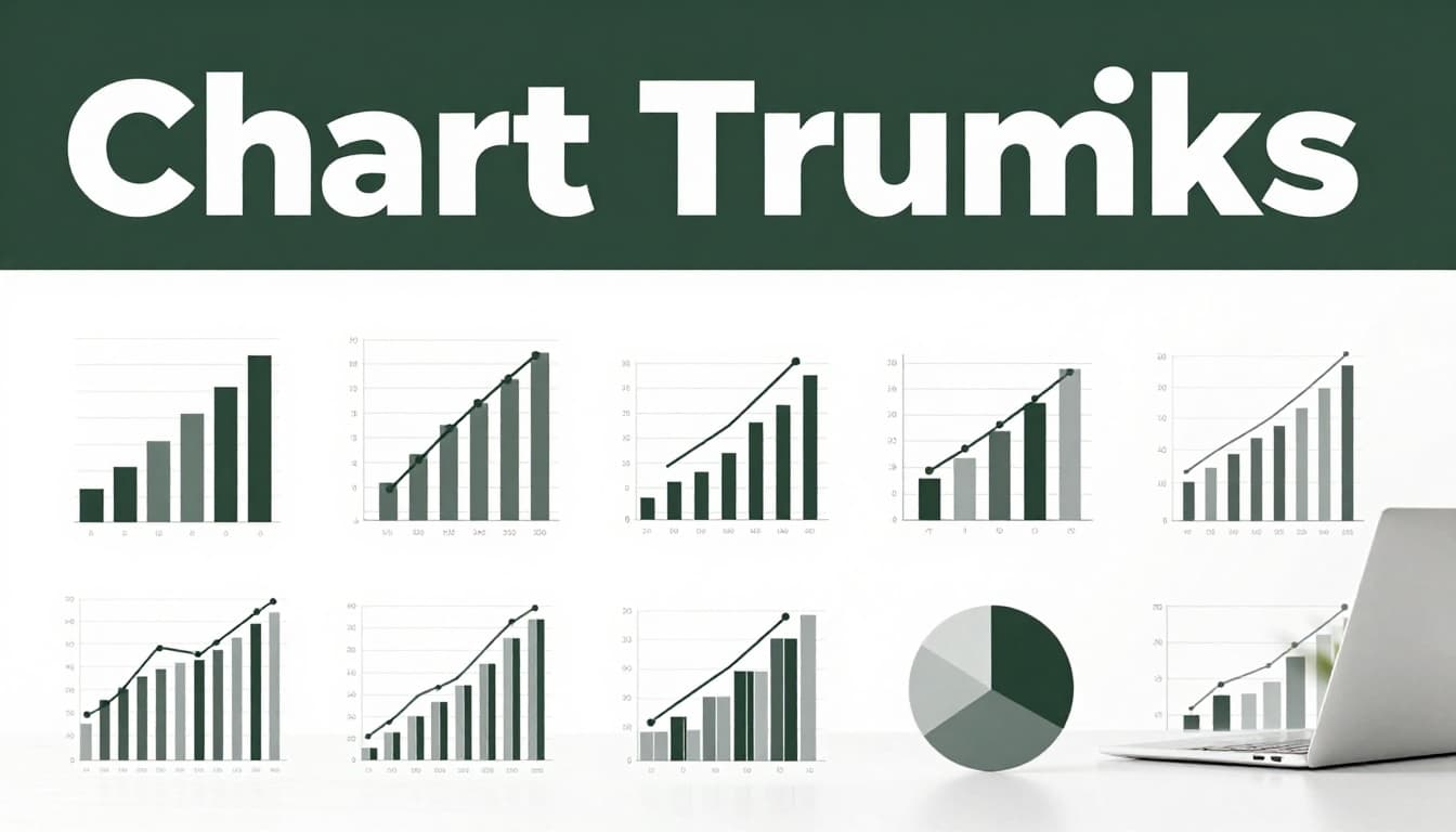 Assortment of simple charts like bar graph, line chart, pie chart, and scatter plot arranged on a white workspace table under soft studio lighting in top-down composition, with bold 'Chart Types' headline on muted dark-green band at top.