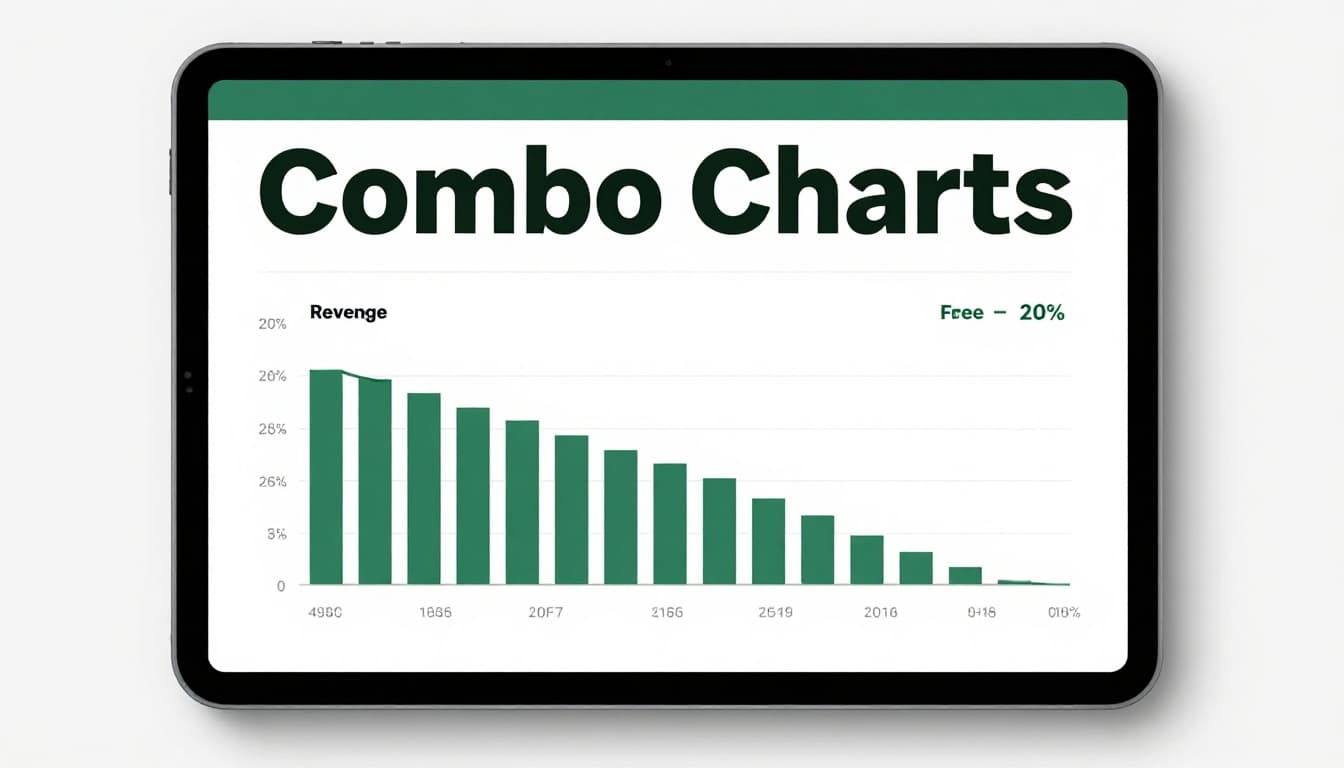 A clean tablet dashboard screen at an angle displays a combo chart with revenue columns and a growth percentage line on different scales, set in a modern daylight workspace with a bold 'Combo Charts' headline on a muted dark-green band.