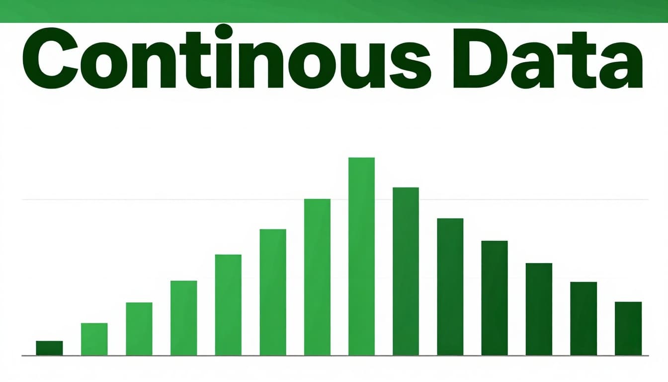 A precise histogram chart with eight green bars peaking centrally represents student ages distribution as continuous data, under a bold 'Continuous Data' headline on a dark-green band atop a clean white background.