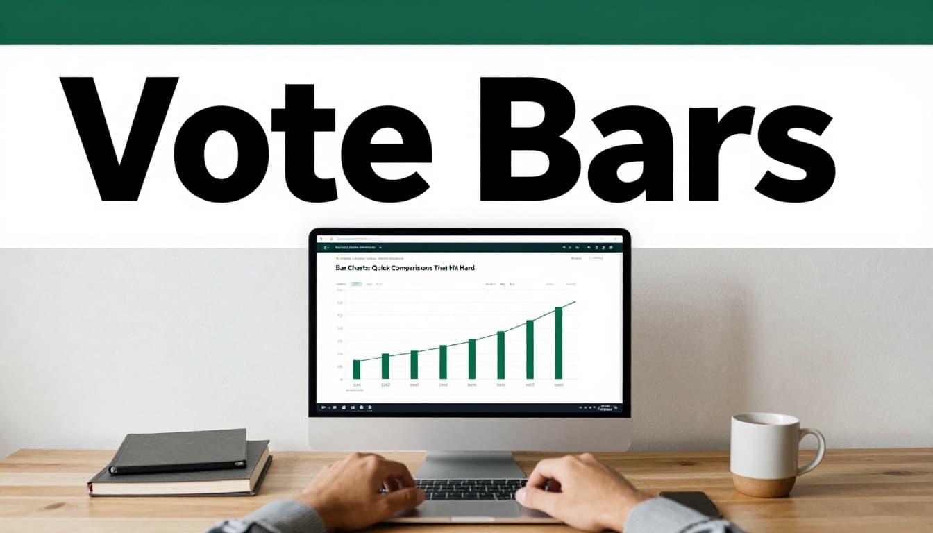 Dynamic bar chart on a laptop screen in a clean newsroom desk setting, showing election vote comparisons by party with a bold 'Vote Bars' headline.