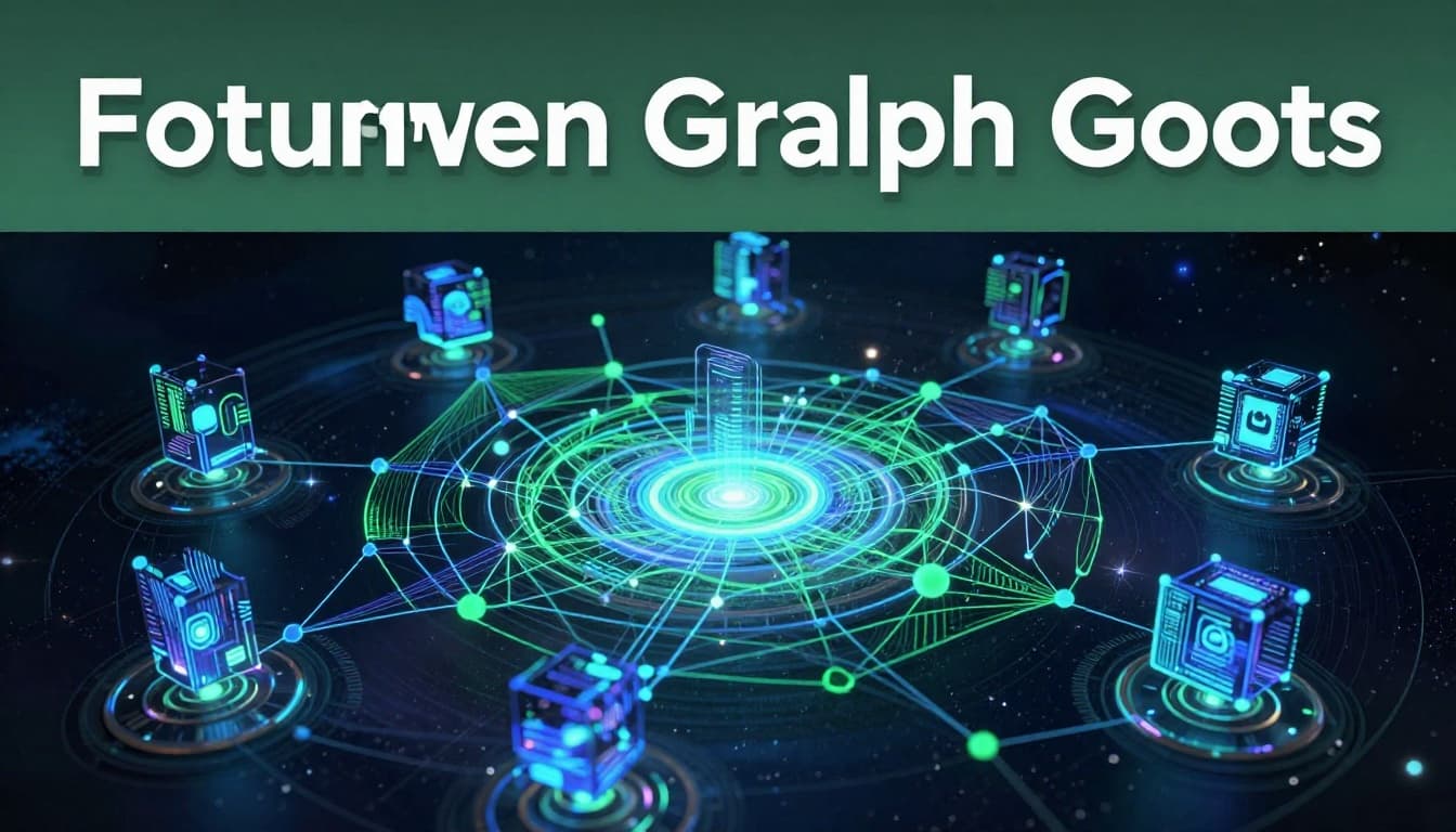Futuristic graph neural network visualization featuring interconnected nodes pulsing with data flows, abstract AI nodes in 3D space, neon blue and green links on a dark cosmic background.