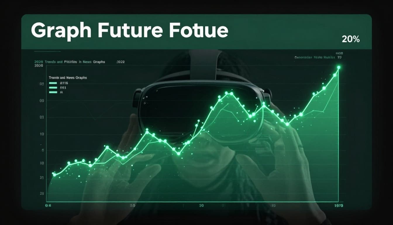 Futuristic AI-generated real-time graph overlay on a VR headset in an immersive news viewing environment, featuring a holographic heatmap with rising data points and 'Graph Future' headline.