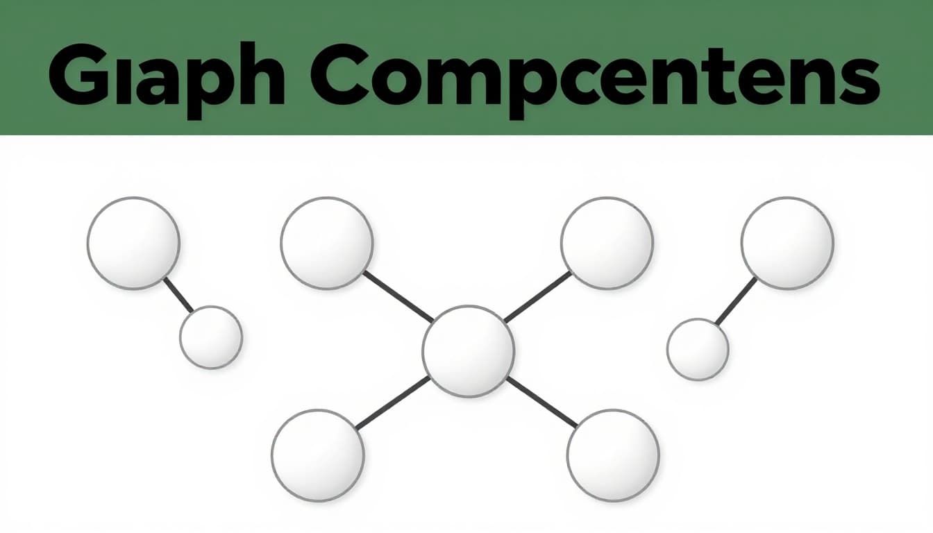 Simple illustrative diagram of graph components featuring exactly 7 circular nodes connected by 10 straight edges, with a central node having multiple connections, on a clean white background topped by a muted dark-green band with bold 'Graph Components' headline.