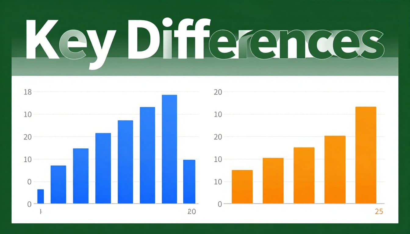 Side-by-side charts on a clean white background: left histogram with touching blue bars in bell-shaped distribution for continuous data, right bar chart with gapped orange bars for discrete categories, topped by muted dark-green band with bold 'Key Differences' headline.