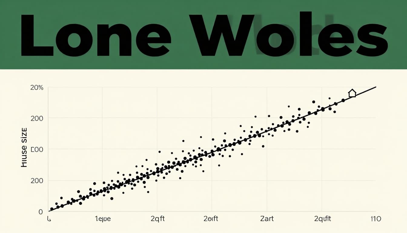 Scatter plot of house size (sq ft) vs price (thousands) with points clustered along a trend line and one outlier tiny house at extreme high price above the cluster.