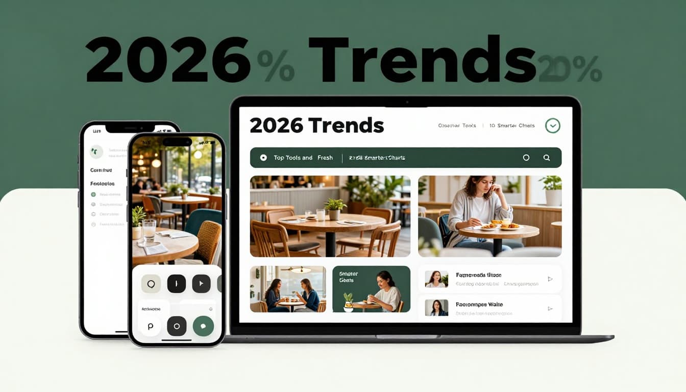 Modern dashboard interface on a phone and laptop placed on a cafe table in outdoor light, featuring interactive filters, vague AI suggestions overlay, and a bold '2026 Trends' headline in editorial style with muted dark-green band.