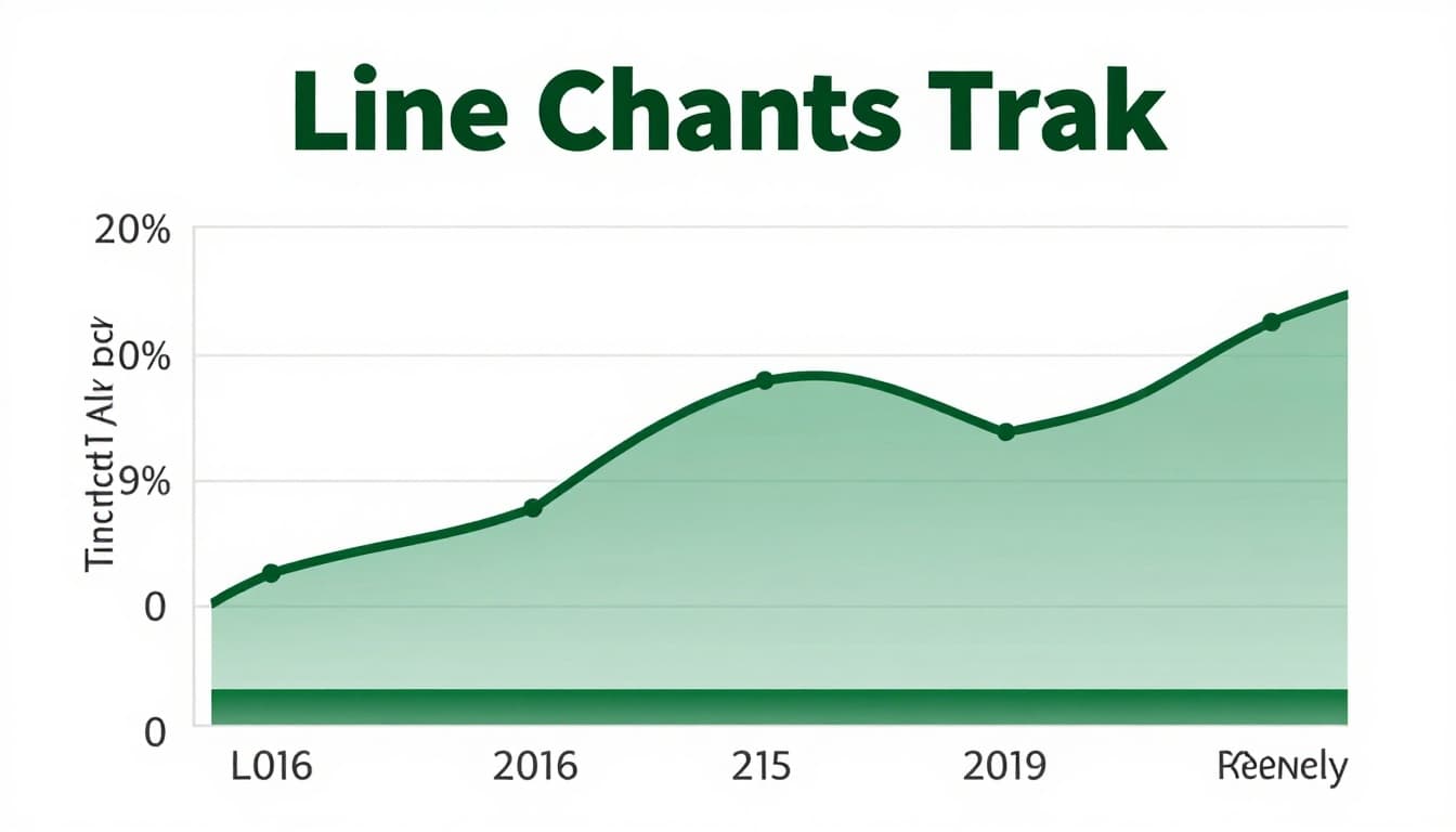 Line chart tracking monthly temperature over one year with smooth upward trend line, shaded confidence band, and two comparison lines on a clean white background. Features a muted dark-green header band with bold headline 'Line Charts Track' in geometric sans-serif font.