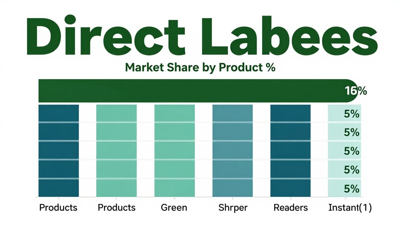 Minimal horizontal bar chart displaying 6 product categories' market share in blues and greens, with direct percentage labels right-aligned outside each bar. Features a bold dark-green header band with 'Direct Labels' headline, no legend or clutter for instant readability.