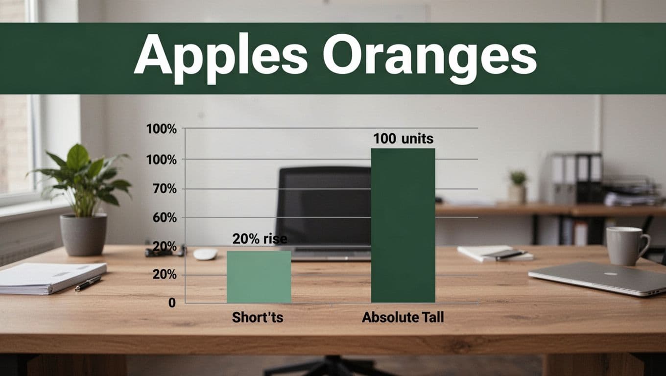 Misleading bar chart on a wooden office desk showing a short 20% rise bar next to a tall 100 units absolute bar on the same scale, under a bold 'Apples Oranges' banner.