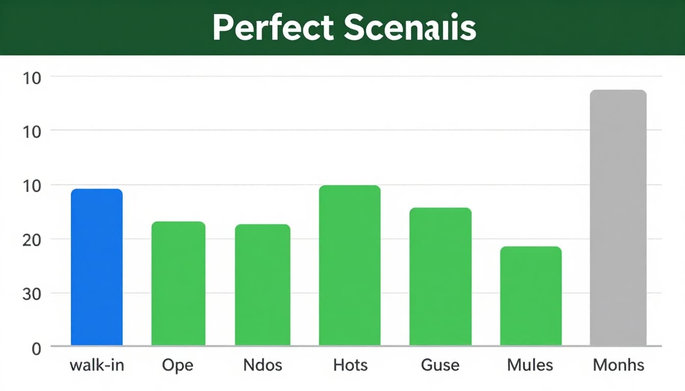 Grouped bar graph displaying sales by user type—walk-in (blue), online (green), total (gray)—across monthly categories, topped with a muted dark-green band and 'Perfect Scenarios' headline.