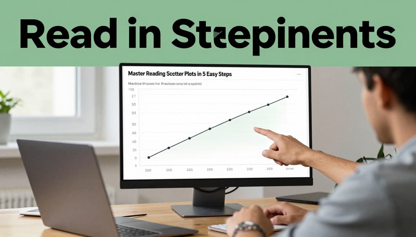 A focused person in an office desk setting analyzes a scatter plot on a laptop screen displaying sports data of practice hours versus points, pointing at the trend. Bold editorial-style headline 'Read in Steps' in Montserrat Black on a muted dark-green band at the top, natural daylight lighting.