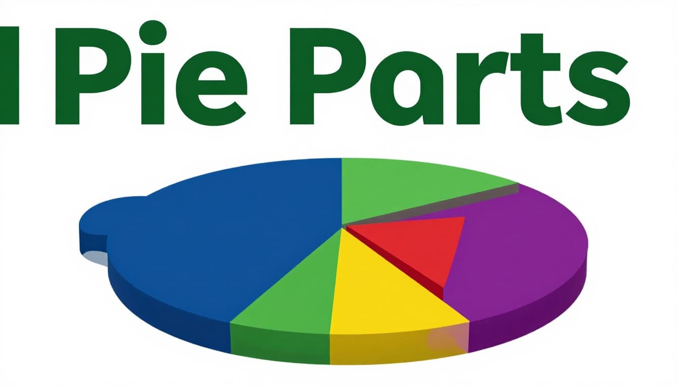 Colorful pie chart on a white background divided into five slices: largest dark blue for furniture, medium green for electronics, smaller red for clothing, yellow for appliances, and tiny purple for other. Bold 'Pie Parts' headline in Title Case on a muted dark-green horizontal band near the top, with centered composition and even lighting.