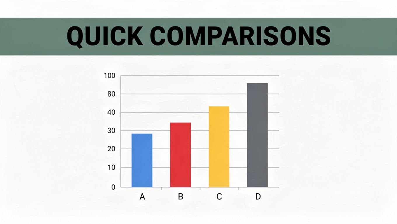 A centered vertical bar chart on a white background compares sales of products A, B, C, and D using colorful bars of varying heights, topped by a dark-green header band featuring the bold white headline 'Quick Comparisons' in sans-serif font.