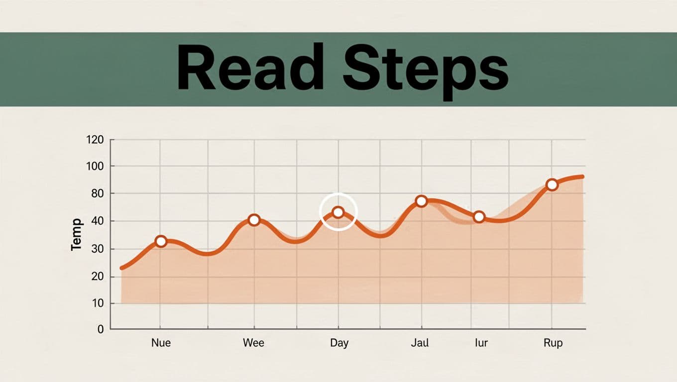 Clean illustrative line graph of daily temperatures over a week, featuring a wavy orange line with one mid-point circled in faint white, under a bold 'Read Steps' dark-green headline band.