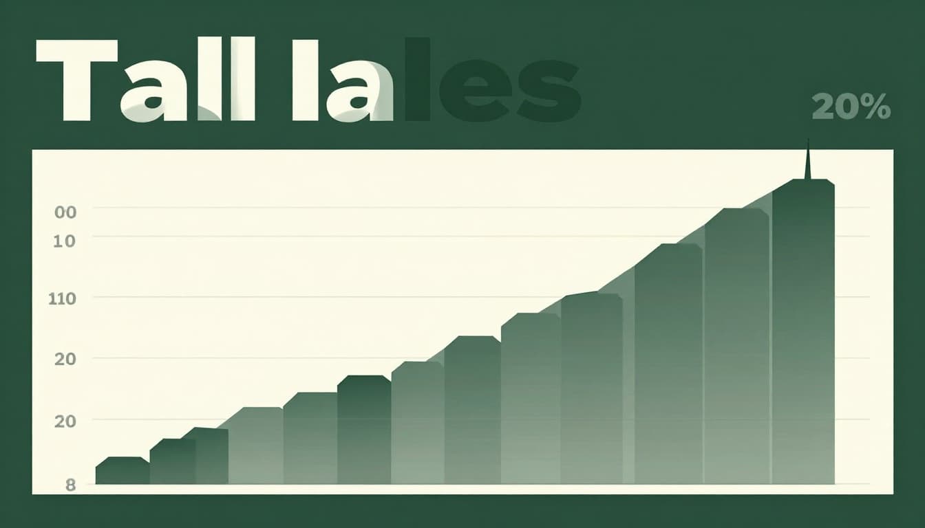 A histogram of daily sales data where most bars cluster around the average, featuring a tall isolated spike in the right tail indicating an outlier day. Presented in a bold branded editorial style with a muted dark-green horizontal band at the top displaying the headline 'Tall Tales' in high-contrast bold sans-serif font, focal clean histogram below with soft lighting, landscape orientation.