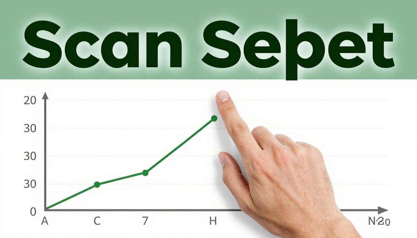 Simple line graph of sales over months on white background with a finger tracing from axis to data point to axis. Bold 'Scan Setup' headline in Title Case on muted dark-green band near top, high-contrast editorial style.