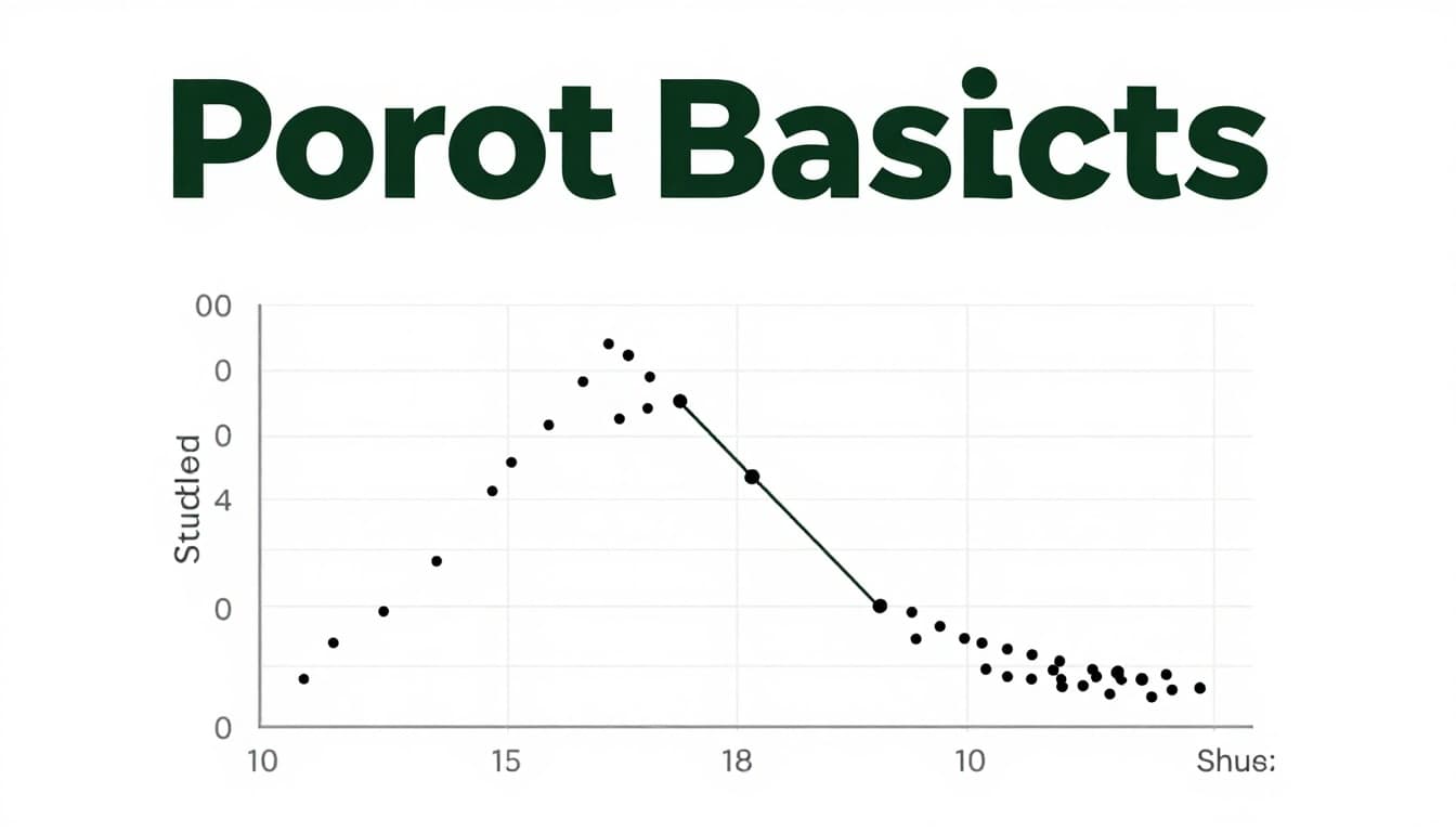 Simple scatter plot diagram with x-axis labeled 'hours studied', y-axis 'test scores', scattered dots in upward trend, one outlier, and thin trend line. Features bold 'Plot Basics' headline on muted dark-green band, clean white background with faint grid lines.