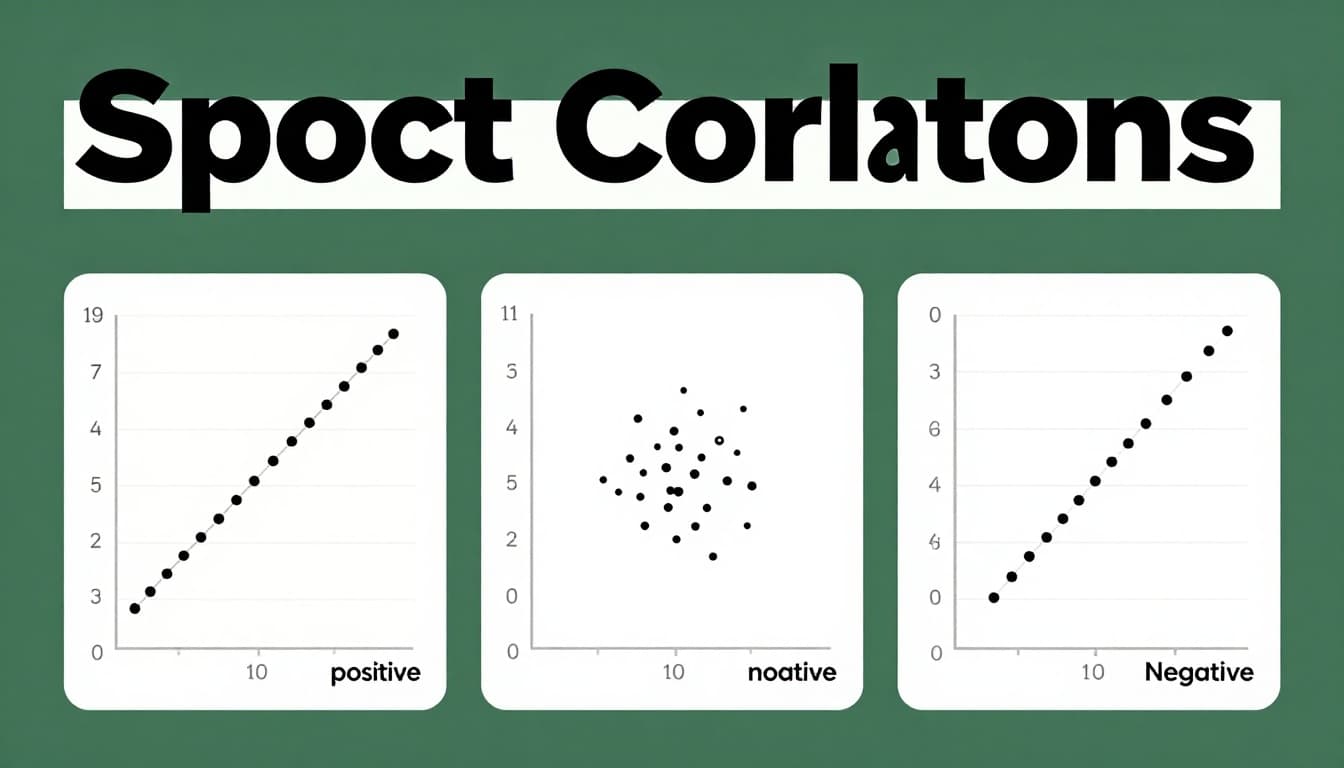 Three side-by-side scatter plots demonstrating strong positive correlation (left), no correlation (middle), and strong negative correlation (right), with a bold 'Spot Correlations' headline in editorial style.