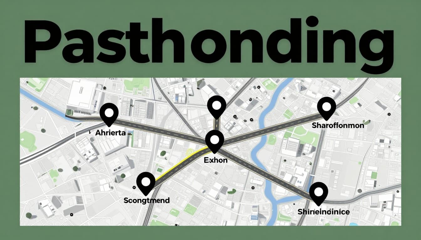 Stylized aerial view of a road map graph featuring exactly 8 cities as nodes connected by 12 weighted edges, with one highlighted shortest path route, realistic illustrative style under clear daytime sky.