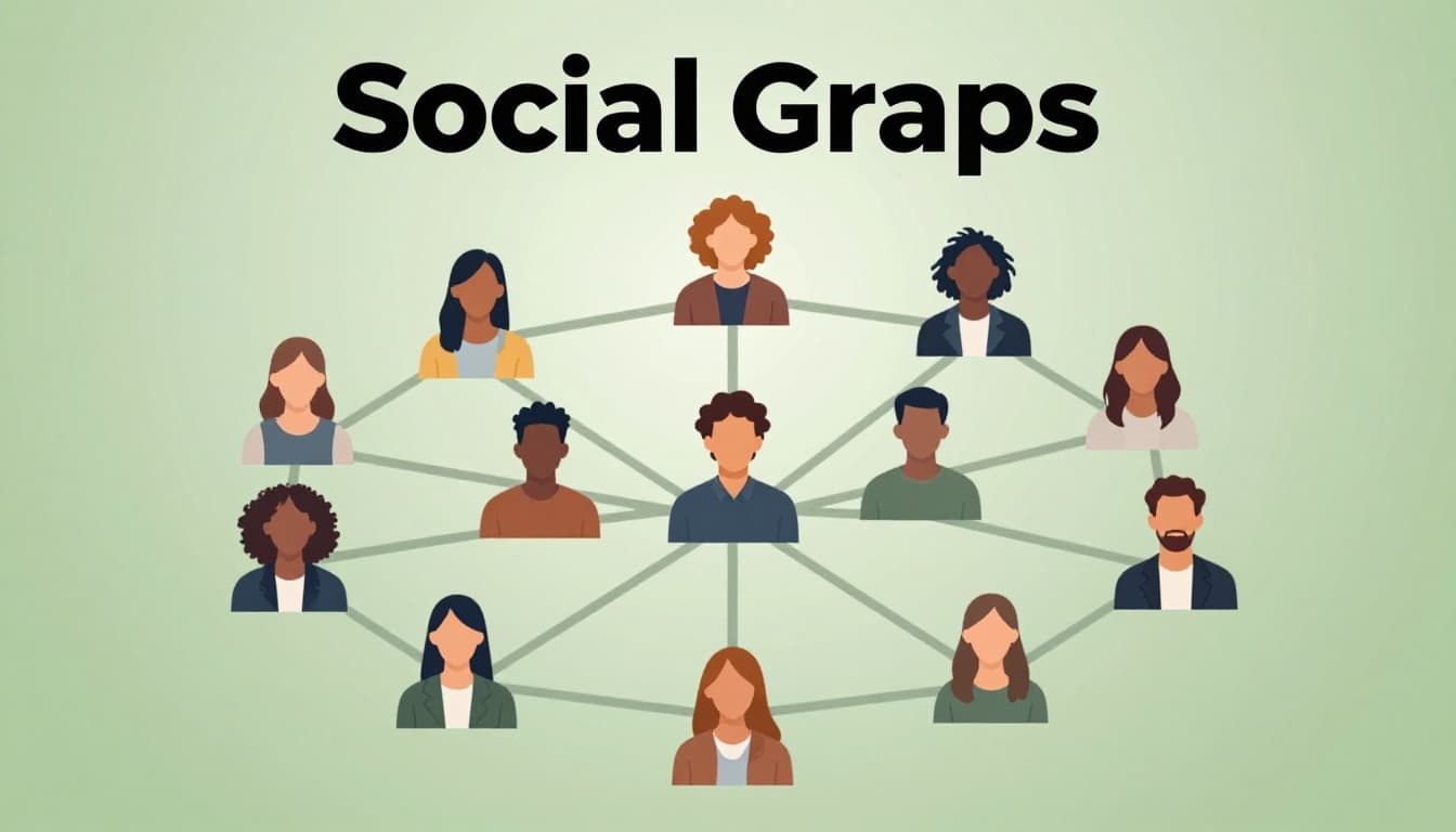 Cluster of 12 anonymous people icons as nodes connected by friendship lines forming social network clusters in modern flat design on subtle gradient background with bold 'Social Graphs' headline.