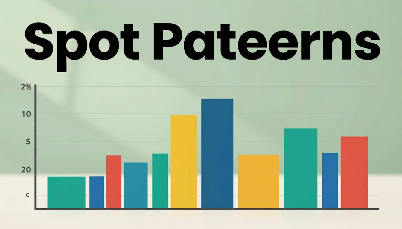 Bar graph comparing product sales categories side by side on a clean background with colorful bars and legend, topped by bold 'Spot Patterns' headline on muted dark-green band. Editorial style with high contrast, centered focal graph, and soft natural lighting.