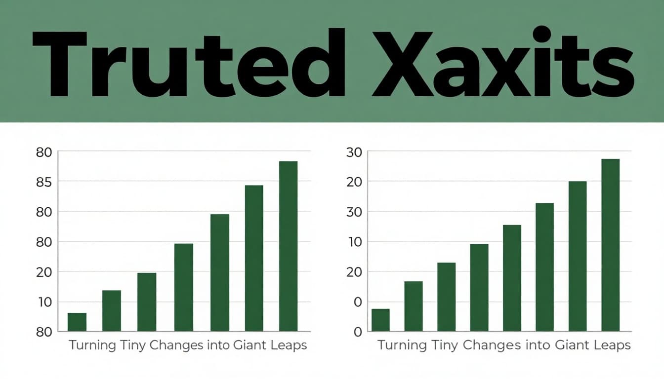 Side-by-side bar graphs on an office desk: left with truncated Y-axis from 80 exaggerating a tiny increase from 80 to 85 as massive, right with full 0-100 Y-axis showing it minuscule. Bold 'Truncated Axes' headline on dark-green band, clean white background with subtle textures and natural light.