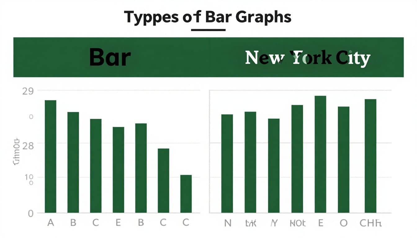 Side-by-side vertical and horizontal bar graphs comparing categories with short labels (A, B, C) on the left and long labels (e.g., New York City) on the right. Clean design with a muted dark-green title band reading 'Bar Types'.